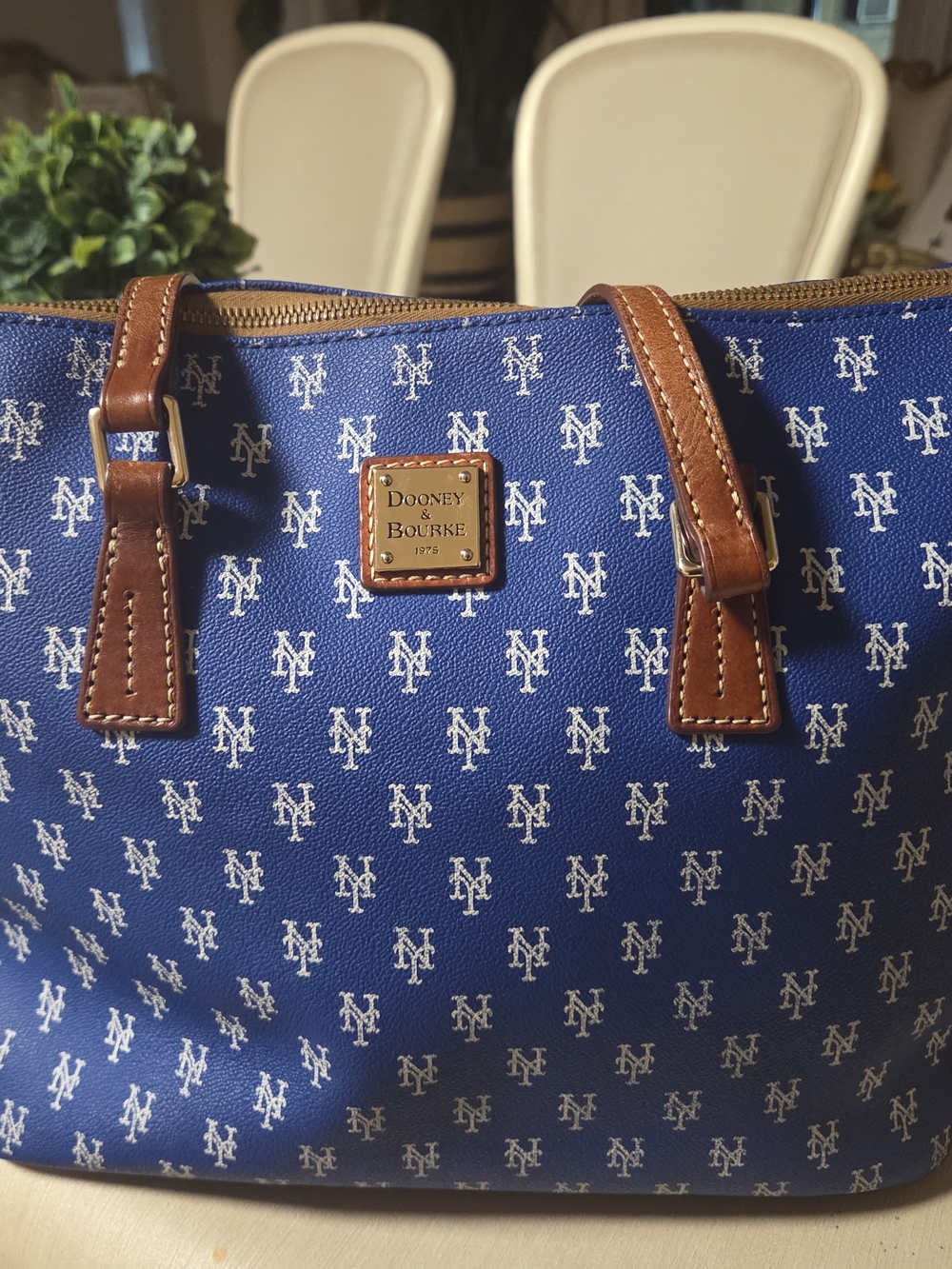 Dooney & Bourke Blue Logo Monogram Tote with Brown Trim